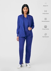 Women's Eco-Friendly Blue <b>Scrub</b> <b>Top</b> Full Zip Front Pockets Polyester Woven Hospital Uniform Needle Detection Seamless Fusing - Product Image 1