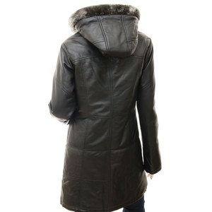 Custom Oem <b>Women's</b> Genuine <b>Leather</b> <b>Long</b> Coat With Fur Trim Hood Quilted Winter <b>Jacket</b> Full Sleeve Zipper Closure Moto Style - Product Image 3