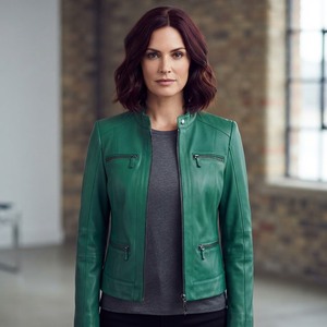 Women's Genuine <b>Leather</b> Moto Jacket Stand Collar Full Sleeve Zipper Closure Solid Green Autumn Outerwear - Product Image 2