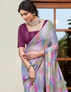 Sari KV en rayonne, chiffon et georgette, imprimé à rayures, style traditionnel, pour les fêtes - Product Image 1