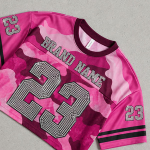 Camiseta deportiva de fútbol americano de malla con estampado de camuflaje personalizado ODM para mujer, con pedrería, corta, al por mayor, la más vendida - Product Image 4