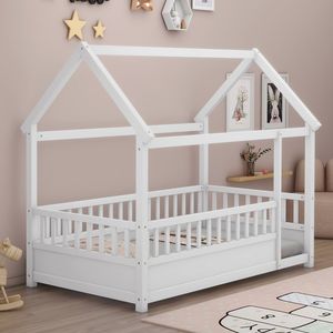 Letto a castello singolo in legno bianco con tetto a casetta e sponde di sicurezza per bambini - Product Image 2