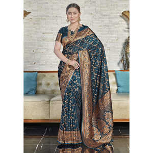 ชุดส่าหรีผ้าไหมบาเนราสี จาล คาตัน ซารีวูเวน สำหรับผู้หญิง สีน้ำเงินเข้ม ลายทอแบบเอลีท วีฟส์ พร้อมชุดซ - Product Image 1