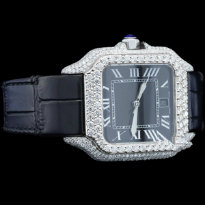 DiaDream Gems & Jewel Fashion HipHop Man's 41mm Square Dial Only Bezel Brilliant Cut Moissanite Diamond <b>Black</b> <b>Leather</b> Band <b>Watch</b> - Product Image 4