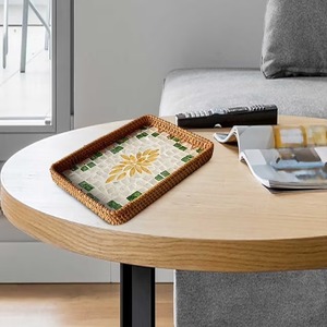 Luxury Mother of Pearl Inlay Rattan Snack <b>Serving</b> <b>Tray</b> Set Handmade Natural Shell Decorative Platter for Ramadan & Eid - Product Image 4