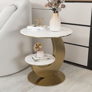 Tavolino da 20 pollici in oro a forma di luna con mobili da soggiorno tondi in pietra sinterizzata a 2 livelli - Product Image 1