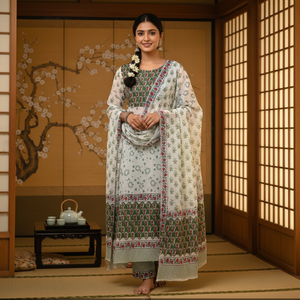 Green White Floral Cotton Kurti Sarong <b>Pyjama</b> Set | High Quality Hand Block Print Women Beach Wear Handmade Masterpiece Outfit - Product Image 2