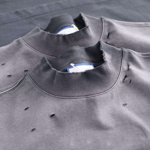 Men's Damage Style Hip Hop Loose Fit Oversized Vintage Washed O Neck <b>Y2K</b> Streetwear Short Sleeve T-<b>Shirt</b> Stonewashed Front - Product Image 5