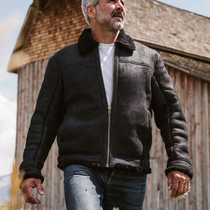 Men Black Shearling Collar Leather <b>Jacket</b> Winter Warm Aviator Bomber Zip Up Genuine Leather Flight <b>Jacket</b> OEM Wholesale - Product Image 6