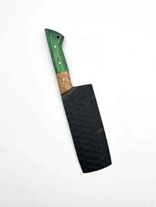 Couteau à découper artisanal en acier noir, manche en bois vert bicolore, outil culinaire - Product Image 4