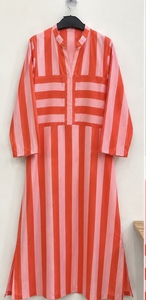 Elegant Boho White Striped Handcrafted Cotton Floor-Length <b>A</b>-<b>Line</b> Kaftan <b>Dress</b> V Neck Breathable Ethnic Block Print <b>Pattern</b> - Product Image 3
