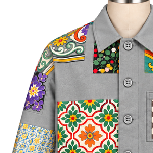 Chaqueta de Trabajo Personalizada con Mosaico Gris, Estampado Floral Artístico y Colorido, Cierre de Botones, Estilo Casual Urbano con Bolsillos Utilitarios - Product Image 5