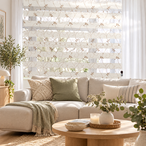 Persiana Romana Zebra con Filtro de Luz EX11-NORMAL SYSTEM, Cortina Moderna con Diseño Floral Jacquard y Cuerda de Perlas, Estilo Rústico - Product Image 1