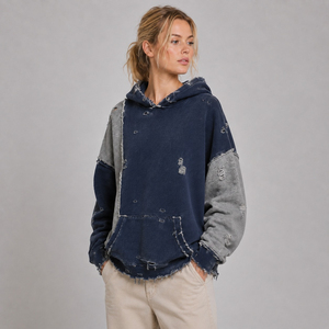 OEM Custom <b>Women's</b> Cotton Vintage Wash Distressed <b>Hoodie</b> <b>Navy</b> Blue Grey Panel Ripped Pullover Heavyweight Streetwear Wholesale - Product Image 4