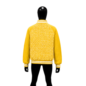 STYLISH YELLOW FLEECE VARSITY <b>JACKET</b> FOR <b>MEN</b> With Zipper Closure And <b>White</b> Trim Regular Fit Winter Casual Outerwear WARM WINTER - Product Image 2