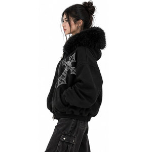 Women's <b>Gothic</b> Black Hooded Sweatshirt With Faux Fur Trim Skull Cross Print Zip-Up <b>Jacket</b> Winter Knitted Hoodie Regular Fit - Product Image 4