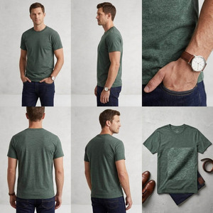 Camiseta de Punto de Manga Corta con Cuello Redondo para Hombre, 100% Algodón, Corte Regular, Color Verde Jaspeado Sólido, Estilo Casual - Product Image 3