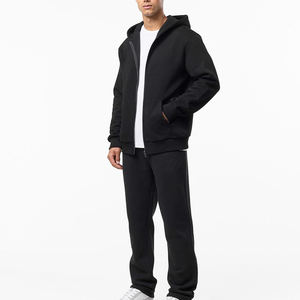 Survêtement à capuche zippé noir pour homme avec poches latérales, coupe décontractée, couleur unie, 100 % coton, poids moyen, idéal pour l'automne - Product Image 6