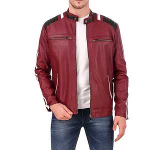 Blouson en cuir rouge pour homme, col montant, fermeture éclair, coupe ajustée, manches classiques, couleur unie, style motard, respirant, en laine - Product Image 2