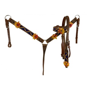 Cuero de vaca genuino Western Rainbow Beaded Headstall & Breast Collar Set 3D Leather Painted Flower Fabricante al por mayor - Product Image 1