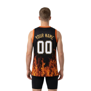 Conjunto de Uniforme de Baloncesto para Hombre, 100% Poliéster, Absorbente de Humedad, Estampado de Llamas, Camiseta sin Mangas con Cuello en V, Pantalones Cortos Ajustados Lisos, Nombre del Equipo - Product Image 2