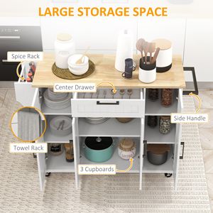 Carrello da Cucina Moderno Bianco con Piano in Legno Naturale, Cassetti Regolabili, Portasciugamani, Mobile Ecologico in Quercia, MDF e Marmo - Product Image 4