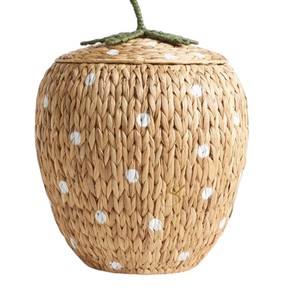 Strawberry Water Hyacinth Storage <b>Basket</b> <b>with</b> <b>Lid</b> Woven Fruit Shaped Toy Organizer Bin Cute Nursery Room Hamper - Product Image 3