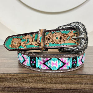 Ceintures perlées en cuir usiné à la main de mode directe d'usine en gros pour hommes et femmes ceintures à boucle ardillon en alliage de cuir de vachette véritable - Product Image 4