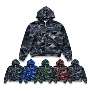 Custom Red Camo Breathable Polyester/Cotton 300g Heavyweight Zip Hoodie Pearl Embellished Streetwear Full-Zip Oversized Unisex - Product Image 3
