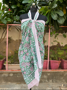 Green Floral Printed Viscose Cotton <b>Sarong</b> Crossed Halter Swimdress <b>Women</b> Reversible Draped Pareo Beach Wrap - Product Image 2