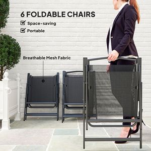 Set da 8 Pezzi per Arredamento da Esterno: Tavolo Rettangolare Nero con Ombrellone, 6 Sedie Pieghevoli e Seduta in Rete - Product Image 5