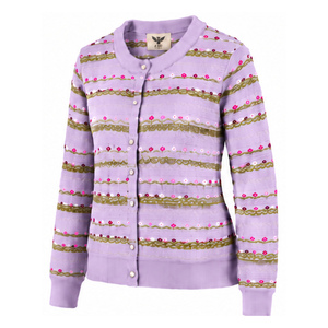 Cárdigan de Cachemira Suave al Tacto para Mujer, Color Lavanda, Cuello Redondo, Botones al Frente, Manga Larga, Tejido de Punto Acanalado a Rayas - Product Image 4