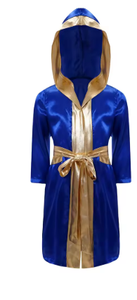 HAWK SPORTS INDUSTRIES Robe de boxe à capuche pour enfant en satin polyester noir avec bordure dorée, tenue d'entraînement durable pour MMA et Muay Thai - Product Image 5