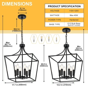 Wholesale Classic Lantern Chandelier Bulk Matte Black Tapered <b>Cage</b> Pendant <b>Light</b> Factory Price Metal Frame Hanging Lamp - Product Image 5