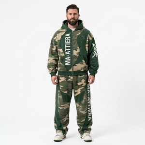 Conjunto de Sudadera con Capucha y Pantalones de Chándal para Hombre, Camuflaje Verde Beige, con Detalles de Paneles, Ajuste Holgado, Estilo Urbano, Personalizado, OEM, ODM, Venta al por Mayor - Product Image 1
