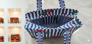 Bolsa de Compras para Mujer Hecha a Mano, Azul a Rayas, Acolchada de Algodón, Personalizable, con Cierre de Cremallera, Ecológica, de Lona Vintage, para Viaje - Product Image 3