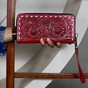 High Quality Tooled Genuine Leather Handmade Floral Pattern <b>Women</b> Clutch Western Style <b>Credit</b> <b>Card</b> <b>Holder</b> Zip Closure Wallet - Product Image 4