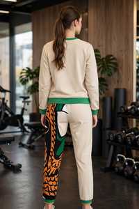 Ensemble sweat-shirt et pantalon pour homme, beige, col rond, avec bordure verte, motif uni, polyester/coton respirant et écologique - Product Image 2