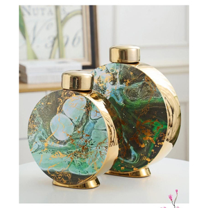 Pot décoratif en verre vert royal et or avec couvercle, effet marbre moderne, décoration d'intérieur, urne et pots, vase de présentation pour console, cadeau de mariage - Product Image 1