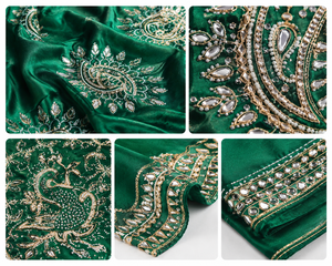 Emerald <b>Green</b> <b>Silk</b> Saree With Gold Embroidery Traditional Indian Wedding Wear For Women Floor-Length Regular Fit - Product Image 6