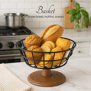 Panier à fruits et légumes en métal noir avec support en bois, centre de table polyvalent, bol à pain, rangement de cuisine - Product Image 2