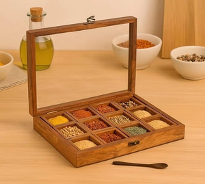 Boîte à épices en bois artisanale avec couvercle en verre, 12 compartiments, Masala Dabba, organisateur d'épices de cuisine, Masala Dani en bois, assaisonnement - Product Image 1