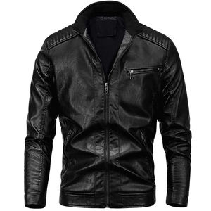 Black PU <b>Leather</b> Moto <b>Jacket</b> Stand Collar Zipper Closure Full Sleeve Windproof Casual Outerwear All Seasons - Product Image 1