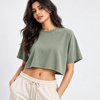Kaos Wanita Hijau Zaitun Lucu Slim Fit Crop Top Lengan Pendek Kerah Bulat Bahan Jersey 100% Katun untuk Musim Semi dan Musim Panas