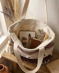 Bohemian Striped Cotton Tote <b>Bag</b> With Blue Tassels Women's Shoulder <b>Bag</b> Casual <b>Beach</b> Handbag <b>Lightweight</b> Open Top Design ready - Product Image 6