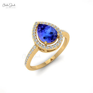 Produits très demandés : Bague de mariage en or jaune massif 14 carats avec tanzanite naturelle taille poire 8x6mm et halo de diamants, pour demoiselle d'honneur - Product Image 5