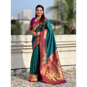 Sari en soie Elite Weaves Green Fusion avec broderie Zari, tissage Bandhani Paithani, vêtements indiens et pakistanais, 650g - Product Image 6