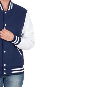 Men's Navy Blue Leather Varsity Jacket Casual Style Stand Collar Regular Sleeve Solid Color Horn <b>Button</b> Winter Windproof - Product Image 2