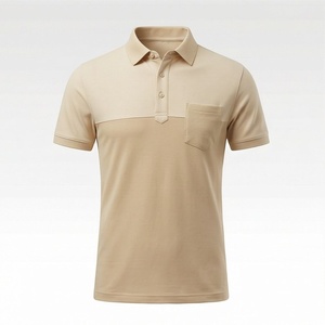 Polo à manches courtes pour homme, couleur unie beige, en coton tricoté, décontracté, respirant, avec poche, coupe classique - Product Image 1