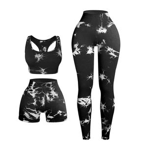 Conjunto de Yoga de 3 Piezas con Tinte Tie Dye, Leggings de Cintura Alta, Sujetador Deportivo y Pantalones Cortos, Ropa de Gimnasio, Atuendo Deportivo - Product Image 1